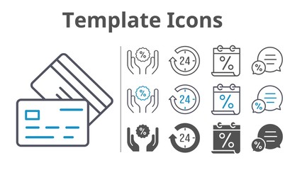 template icons icon set included calendar, 24-hours, chat, discount, credit card icons