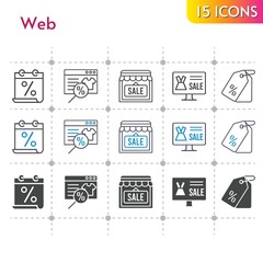 web icon set. included calendar, online shop, shop, price tag icons on white background. linear, bicolor, filled styles.