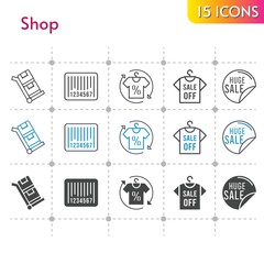 shop icon set. included sale, shirt, barcode, trolley icons on white background. linear, bicolor, filled styles.