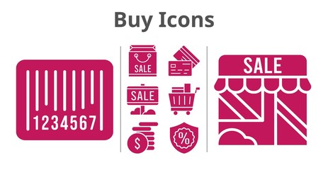 buy icons set. included shopping bag, sale, shop, money, shopping cart, warranty, credit card, barcode icons. filled styles.