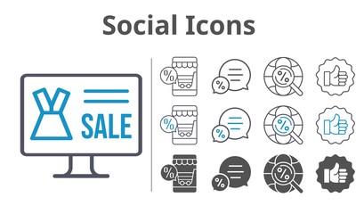 social icons icon set included online shop, like, chat, internet icons