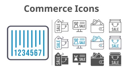 commerce icons icon set included shopping bag, online shop, wallet, barcode icons