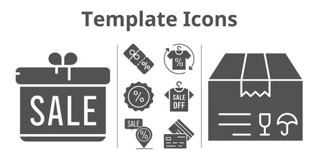 template icons set. included gift, shirt, package, discount, placeholder, credit card icons. filled styles.
