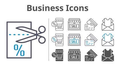 business icons icon set included online shop, newsletter, shop, voucher, credit card icons