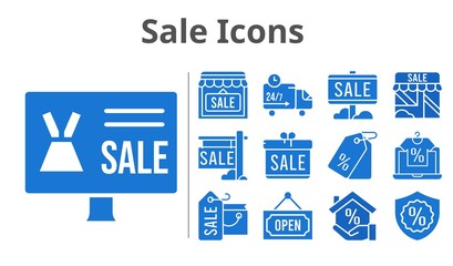 sale icons set. included gift, online shop, shopping bag, sale, mortgage, shop, price tag, warranty, delivery truck, open icons. filled styles.