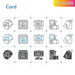 card icon set. included sale, shop, money, price tag icons on white background. linear, bicolor, filled styles.