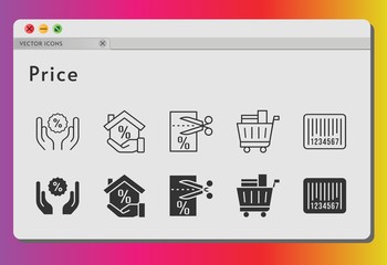 price icon set. included mortgage, voucher, shopping cart, discount, barcode icons on white background. linear, filled styles.