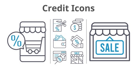 credit icons set. included online shop, wallet, mortgage, shop, money, voucher icons. bicolor styles.