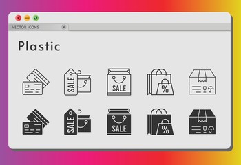 plastic icon set. included shopping bag, package, credit card icons on white background. linear, filled styles.
