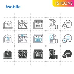 mobile icon set. included online shop, shop, money, chat icons on white background. linear, bicolor, filled styles.