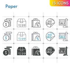 paper icon set. included shopping bag, sale, package, money icons on white background. linear, bicolor, filled styles.