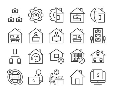 Work At Home Icons. Work From Home Line Icon Set. Vector Illustration. Editable Stroke.