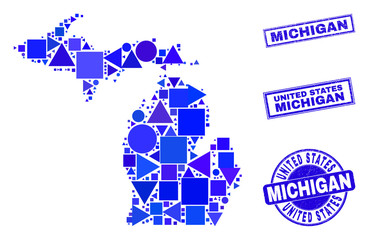 Vector mosaic Michigan State map. Geographic collage in blue color shades, and corroded round and rectangle seals. Abstract mosaic of Michigan State map combined of round, tringle,