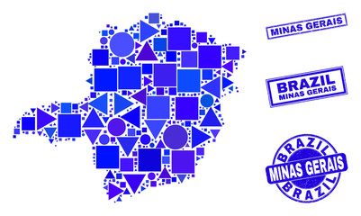 Vector mosaic Minas Gerais State map. Geographic plan in blue color tints, and unclean round and rectangle stamp seals. Abstract mosaic of Minas Gerais State map created of circle, triangles,