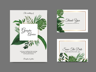 Fototapeta na wymiar Elegant Wedding Invitation Card Template With Beautiful tropical Leaves premium vektor