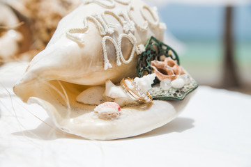 Wedding rings close up decorated nautical with accessories for tropical caribbean outdoor wedding ceremony on the sandy beach in Dominican republic, Punta Cana