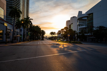 Miami Beach 5 Street. Florida, US. South Beach outdoor. Beautiful sunset in the city.