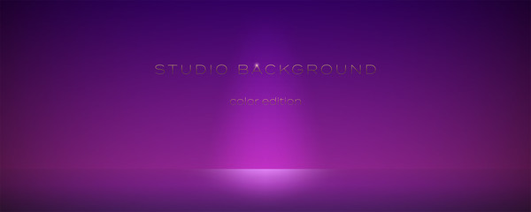 Pink violet empty studio with spotlights. Soft gradient. The rays of the searchlights on the wall and floor. Studio room for background, display brand or product. Color edition. Vector 3d illustration