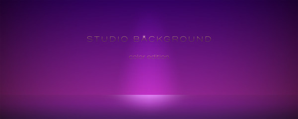 Obraz premium Pink violet empty studio with spotlights. Soft gradient. The rays of the searchlights on the wall and floor. Studio room for background, display brand or product. Color edition. Vector 3d illustration