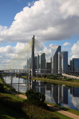 Octavio Frias de Oliveira Suspension Bridge over the Pinheiros River and Sao Paulo city skyline, Brazil