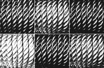 Distress grunge vector texture of wicker rope. Black and white background.