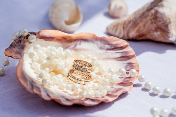 Wedding rings close up decorated nautical with accessories for tropical caribbean outdoor wedding ceremony on the sandy beach in Dominican republic, Punta Cana