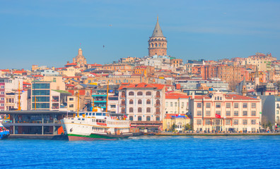 Galata Tower, Galata Bridge, Karakoy district and Golden Horn at morning, istanbul - Turkey