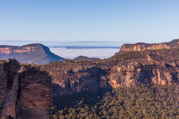 Low level clouds in the Jamison Valley near Katoomba in The Blue Mountains in Australia