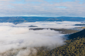 Low level clouds in the Jamison Valley near Katoomba in The Blue Mountains in Australia