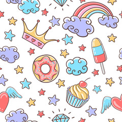 Fairytale seamless pattern with clouds, cupcake, donut, stars, rainbow and crown. Magic colorful background