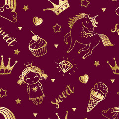 Seamless fairytale pattern with gold glitter clouds, cupcakes, princess, unicorn, rainbow and crowns. Magic purple cartoon background
