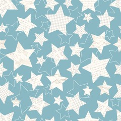 Vector cartoon seamless pattern with grid, crumpled, handwritten letters and typewriter paper stars on blue background