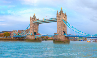 Panorama of the Tower Bridge and Tower of London on Thames river - London England