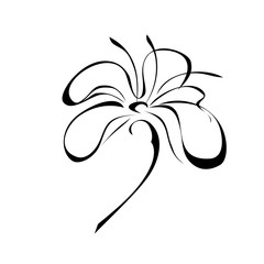 one unique stylized blooming flower on a short stalk without leaves in black lines on a white background