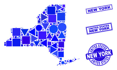 Vector mosaic New York State map. Geographic collage in blue color hues, and scratched round and rectangle stamps. Abstract collage of New York State map done of round, tringle,