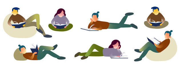 Colour set of people with books. Isolated vector illustration of characters with textbook. Collection of student preparing exams. Reading and studying person.