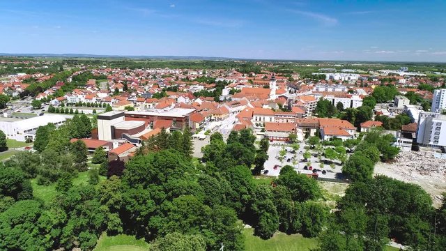 Town of Cakovec rooftops and green park aerial view, Medjimurje region of northern Croatia