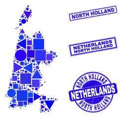 Vector mosaic North Holland map. Geographic collage in blue color tinges, and corroded round and rectangle stamp seals. Abstract collage of North Holland map done of round, tringle,