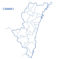 Fototapeta premium 宮崎県地図 シンプル白地図 市区町村