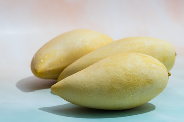 Fresh mango fruit on light blue background with copy space