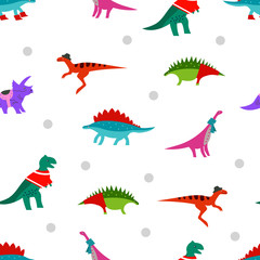 Dinosaurs in funny clothes on white background