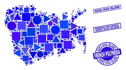 Vector mosaic Nuku Hiva Island map. Geographic scheme in blue color hues, and rubber round and rectangle seal stamps. Abstract mosaic of Nuku Hiva Island map made of round, triangles,