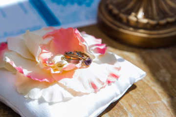 Wedding rings close up decorated nautical with accessories for tropical caribbean outdoor wedding ceremony on the sandy beach in Dominican republic, Punta Cana