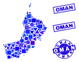 Vector mosaic Oman map. Geographic scheme in blue color tints, and rubber round and rectangle seal stamps. Abstract mosaic of Oman map constructed of round, triangles, square geometric items.