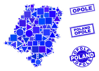 Vector mosaic Opole Voivodeship map. Geographic collage in blue color tones, and rubber round and rectangle seal stamps. Abstract collage of Opole Voivodeship map organized of sphere, tringle,