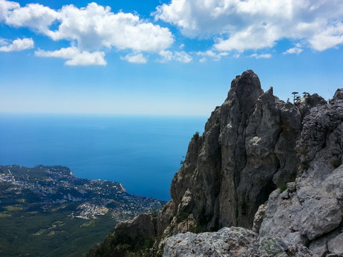 Ai-Petri mountain, Crimean mountains against the blue sky and clouds.