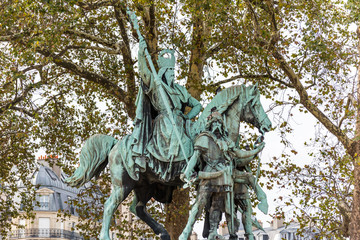 Equestrian Statue of Charlemagne outside of  Notre-Dame de Paris before the big fire, a medieval...