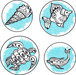 Fishnet sea animals in black and white in a circle. A linear pattern. On a speckled blue background. Hand drawing. Vector graphics