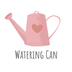 Hand drawn Watering can vector icon in flat cartoons style. Isolated on white background. Pink Gardening watering pot with heart stickers. © Juri Kam
