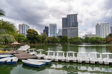 Bautiful view of lake and modern buildings in Lumpini Park, Bangkok, Thailand